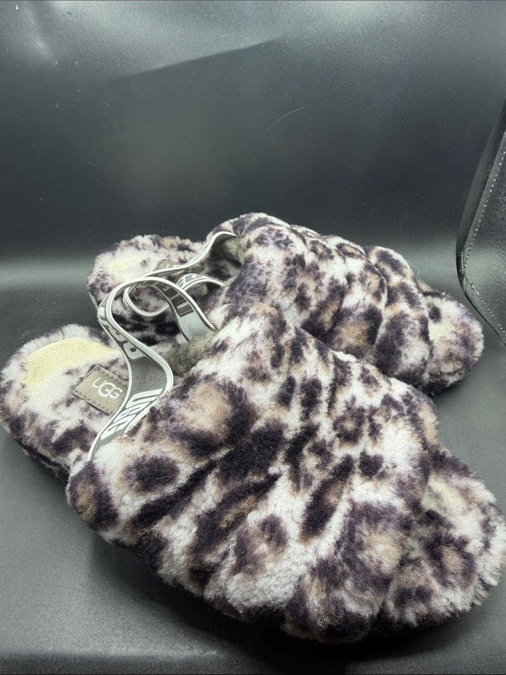 UGG Faux Fur Leopard Print Slide Slippers - Gray/Black